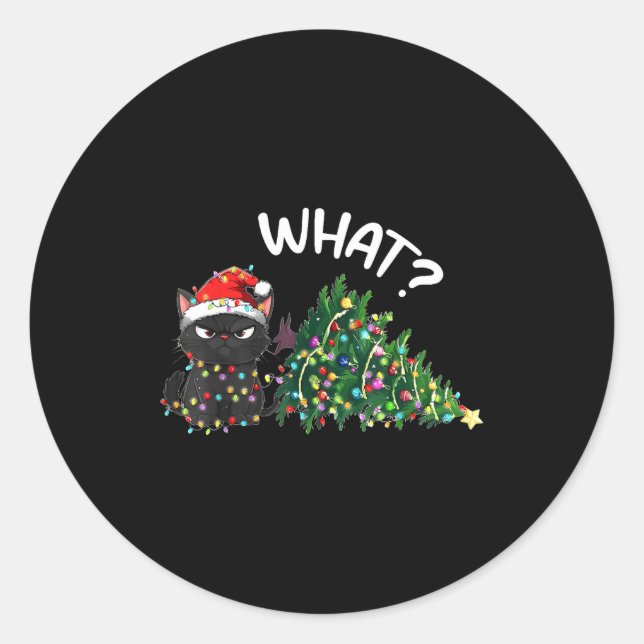 Funny Black Cat Christmas Tree Merry Xmas Humor Ca Classic Round Sticker (Front)