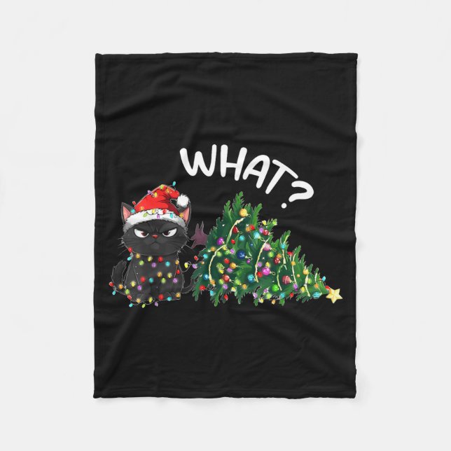 Funny Black Cat Christmas Tree Merry Xmas Humor Ca Fleece Blanket (Front)