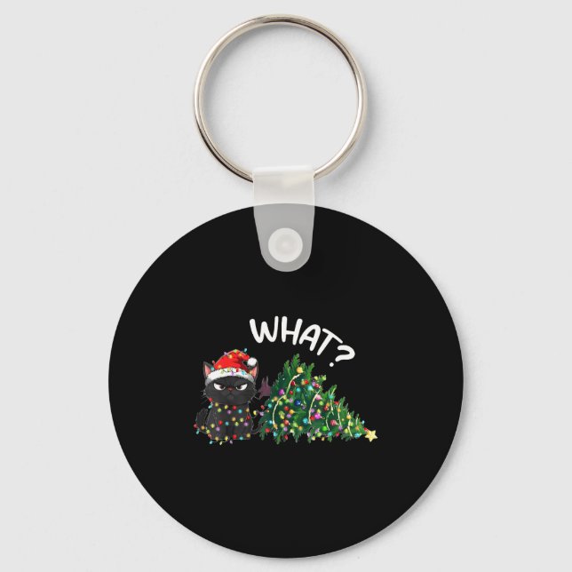 Funny Black Cat Christmas Tree Merry Xmas Humor Ca Keychain (Front)