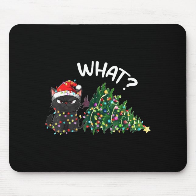 Funny Black Cat Christmas Tree Merry Xmas Humor Ca Mouse Pad (Front)