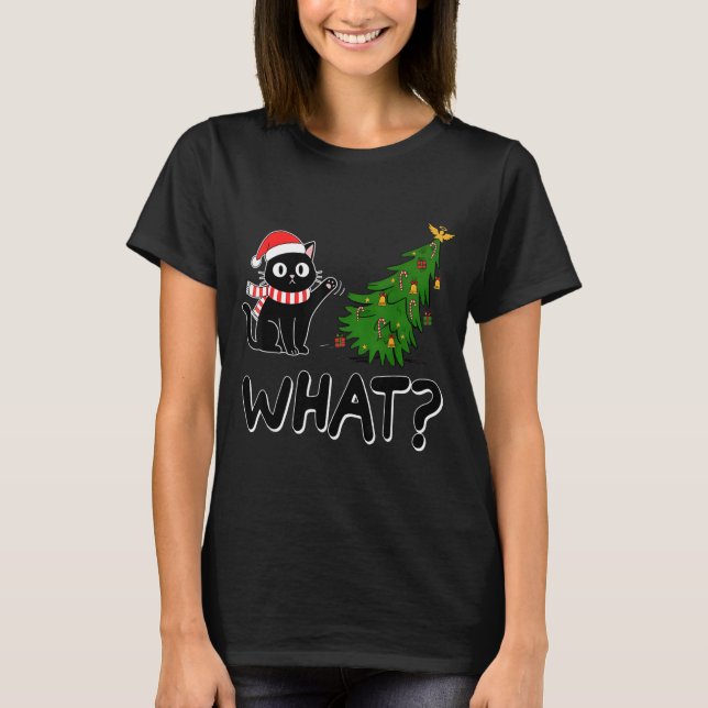 Funny Black Cat Christmas Tree Merry Xmas Humor Ca T-Shirt (Front)