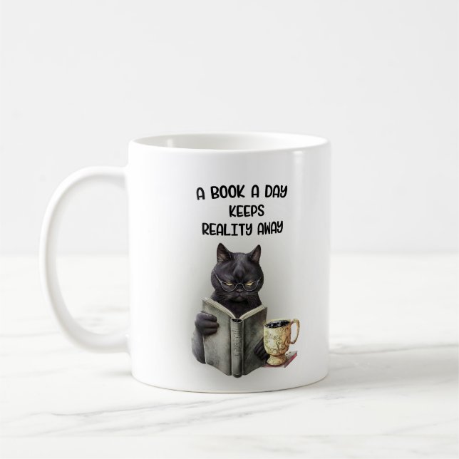 Funny Black Cat Coffee Book Day Keeps Reality Away Coffee Mug (Left)