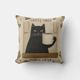 Funny Black Cat Coffee First People Later Cat Love Throw Pillow