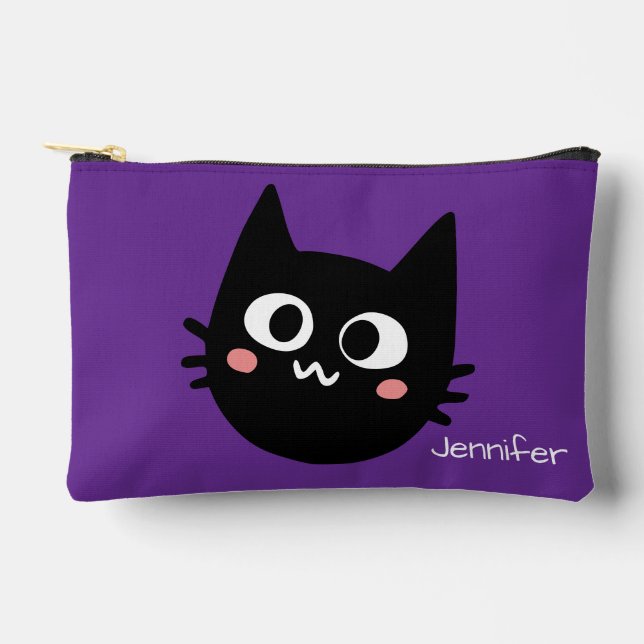 Funny Black Cat Custom Purple Accessory Pouch (Front)