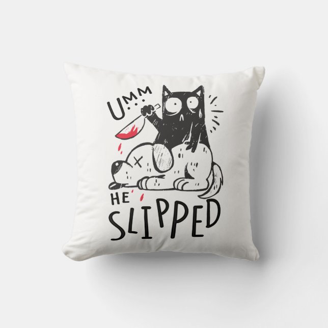 Funny Black Cat Dog Bloody Knife True Crime Murder Throw Pillow (Front)