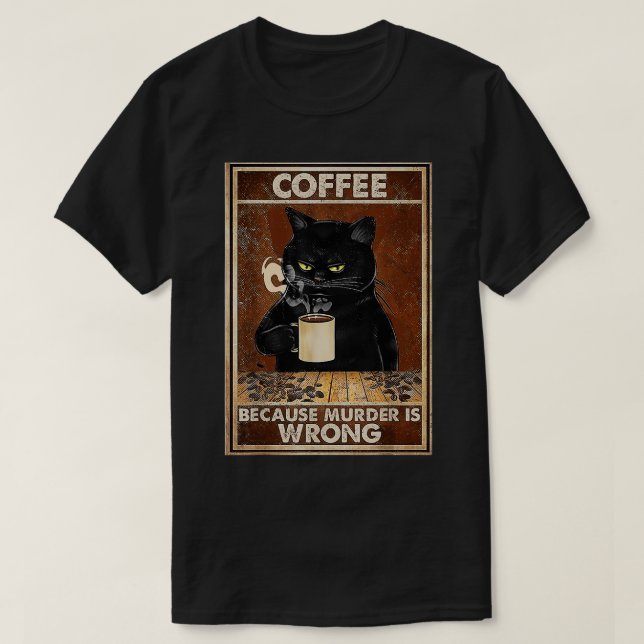 Funny Black Cat Drinks Coffee T-Shirt (Design Front)