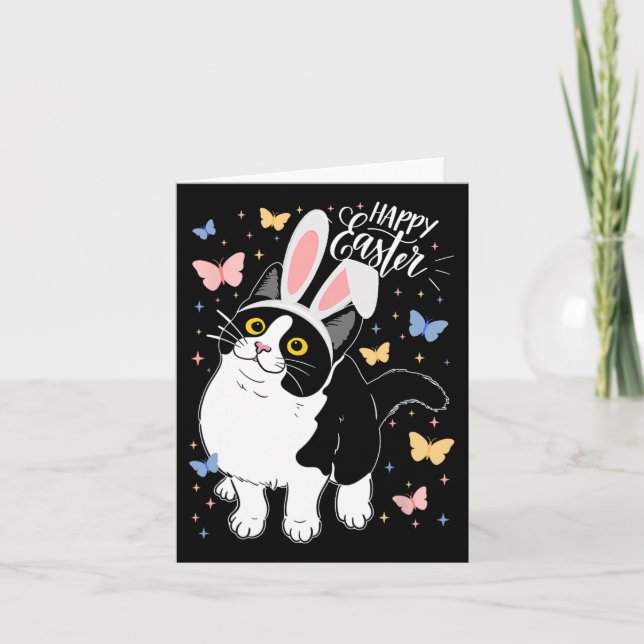 Funny Black Cat Easter Egg Happy Easter Bunny Tuxe Card (Front)