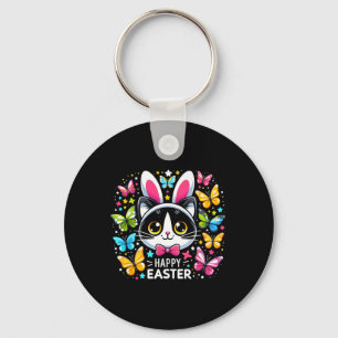 Funny Black Cat Easter Egg Happy Easter Bunny Tuxe Keychain