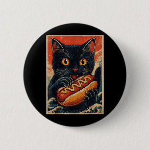 Funny Black Cat Eating Hot Dog Retro Japanese 2 Inch Round Button