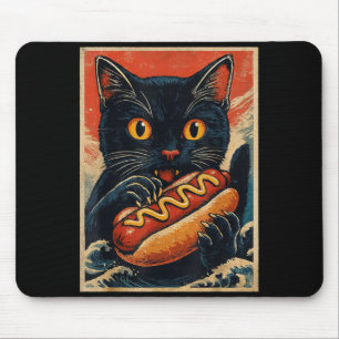 Funny Black Cat Eating Hot Dog Retro Japanese Mouse Pad