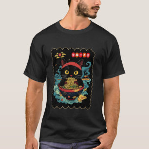 Funny Black Cat Eating Noodles Japanese Noodles Ra T-Shirt