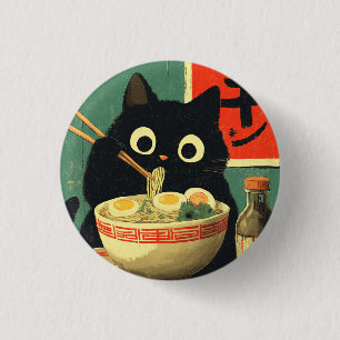 Funny Black Cat Eating Ramen 1 Inch Round Button