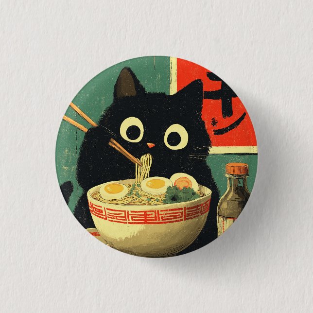 Funny Black Cat Eating Ramen 1 Inch Round Button (Front)