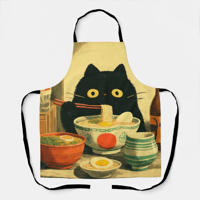 Funny Black Cat Eating Ramen Apron (Front)