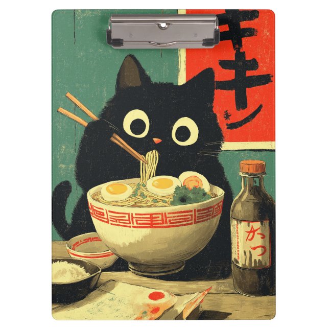 Funny Black Cat Eating Ramen Clipboard (Front)