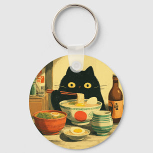 Funny Black Cat Eating Ramen Japanese Vintage Keychain
