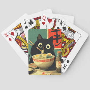Funny Black Cat Eating Ramen Playing Cards