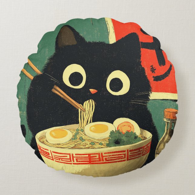 Funny Black Cat Eating Ramen Round Pillow (Front)