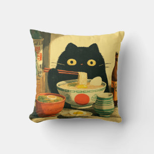 Funny Black Cat Eating Ramen Throw Pillow