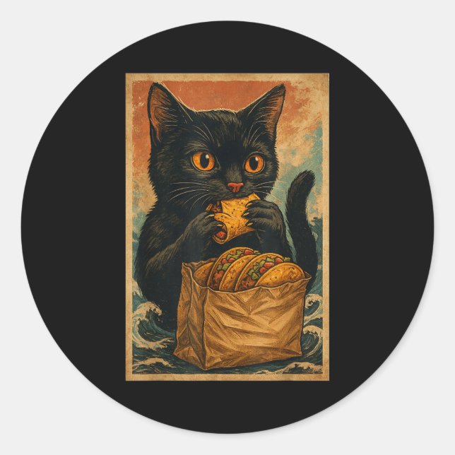 Funny Black Cat Eating Tacos Retro Japanese  Classic Round Sticker (Front)