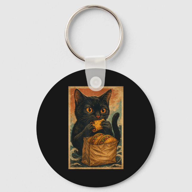 Funny Black Cat Eating Tacos Retro Japanese  Keychain (Front)