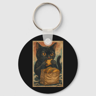 Funny Black Cat Eating Tacos Retro Japanese Keychain
