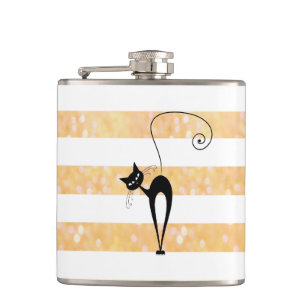 Funny black cat elegant glittery stripes girly hip flask
