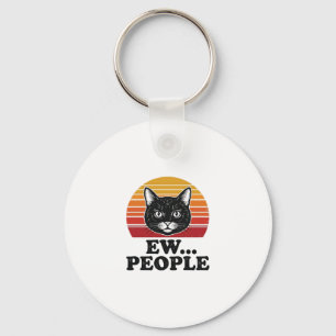 Funny Black Cat Ew People Retro Sunset T-Shirt Des Keychain