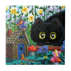 Funny Black Cat Fairy Garden Cottage Tile