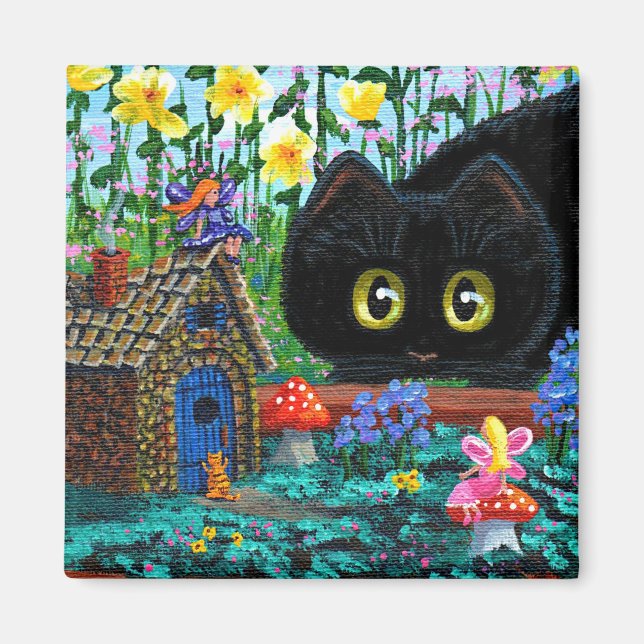 Funny Black Cat Fairy Garden Creationarts Magnet (Front)