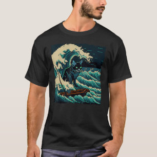 Funny Black Cat Fishing Waves for Kids, Women, Men T-Shirt