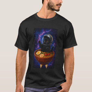 Funny Black Cat Flying A Ramen Bowl Space Astronau T-Shirt