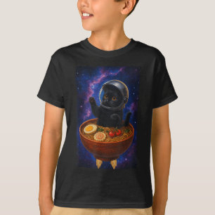 Funny Black Cat Flying A Ramen Bowl Space Astronau T-Shirt