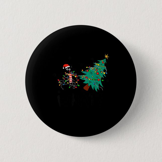 Funny Black Cat Gift Pushing Christmas Tree Over C 2 Inch Round Button (Front)