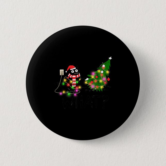 Funny Black Cat Gift Pushing Christmas Tree Over C 2 Inch Round Button (Front)