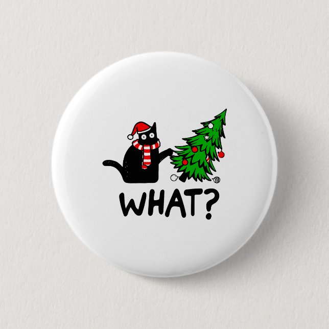 Funny Black Cat Gift Pushing Christmas Tree Over C 2 Inch Round Button (Front)