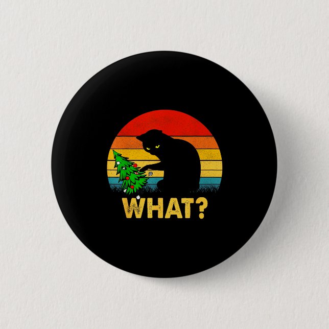 Funny Black Cat Gift Pushing Christmas Tree Over C 2 Inch Round Button (Front)