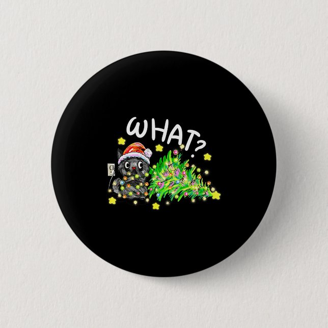 Funny Black Cat Gift Pushing Christmas Tree Over C 2 Inch Round Button (Front)