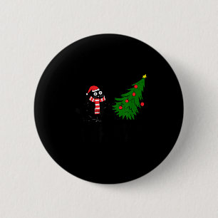 Funny Black Cat Gift Pushing Christmas Tree Over C 2 Inch Round Button