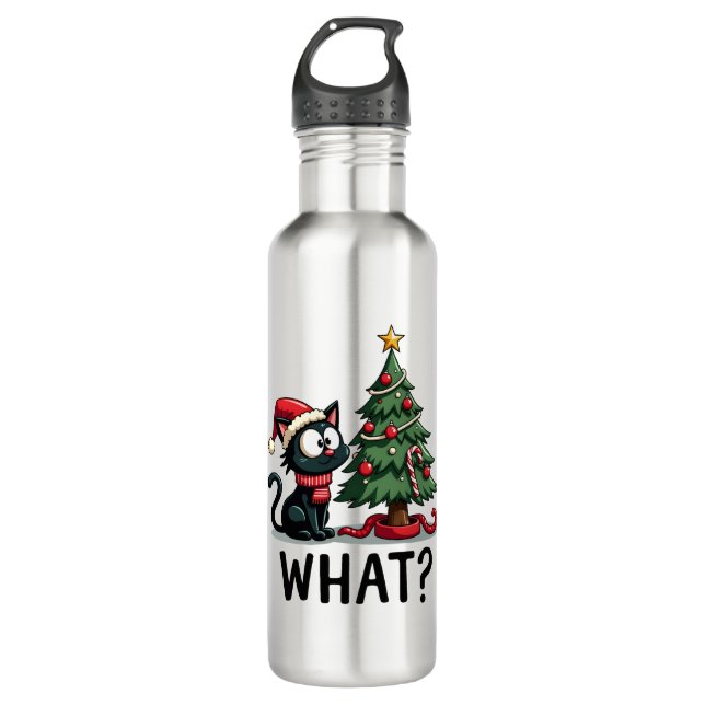 Funny Black Cat Gift Pushing Christmas Tree Over C 710 Ml Water Bottle (Front)