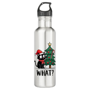 Funny Black Cat Gift Pushing Christmas Tree Over C 710 Ml Water Bottle