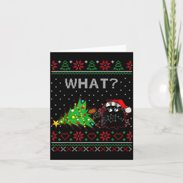 Funny Black Cat Gift Pushing Christmas Tree Over C Card (Front)
