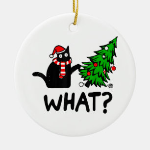 Funny Black Cat Gift Pushing Christmas Tree Over C Ceramic Ornament