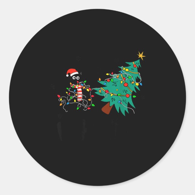 Funny Black Cat Gift Pushing Christmas Tree Over C Classic Round Sticker (Front)