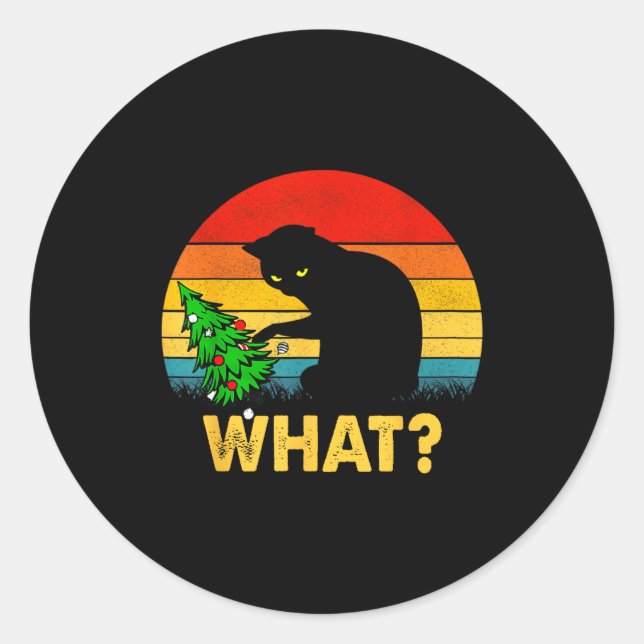 Funny Black Cat Gift Pushing Christmas Tree Over C Classic Round Sticker (Front)