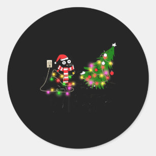 Funny Black Cat Gift Pushing Christmas Tree Over C Classic Round Sticker
