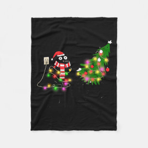 Funny Black Cat Gift Pushing Christmas Tree Over C Fleece Blanket