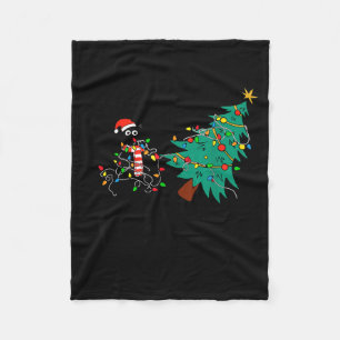 Funny Black Cat Gift Pushing Christmas Tree Over C Fleece Blanket