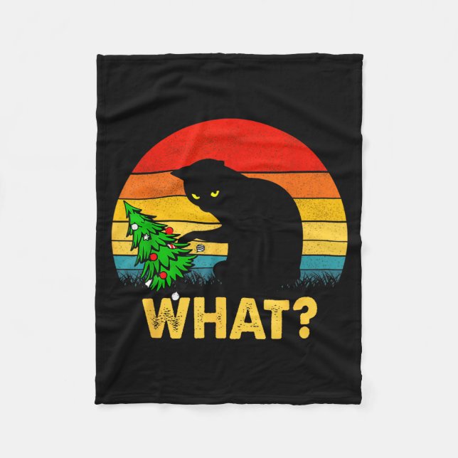 Funny Black Cat Gift Pushing Christmas Tree Over C Fleece Blanket (Front)