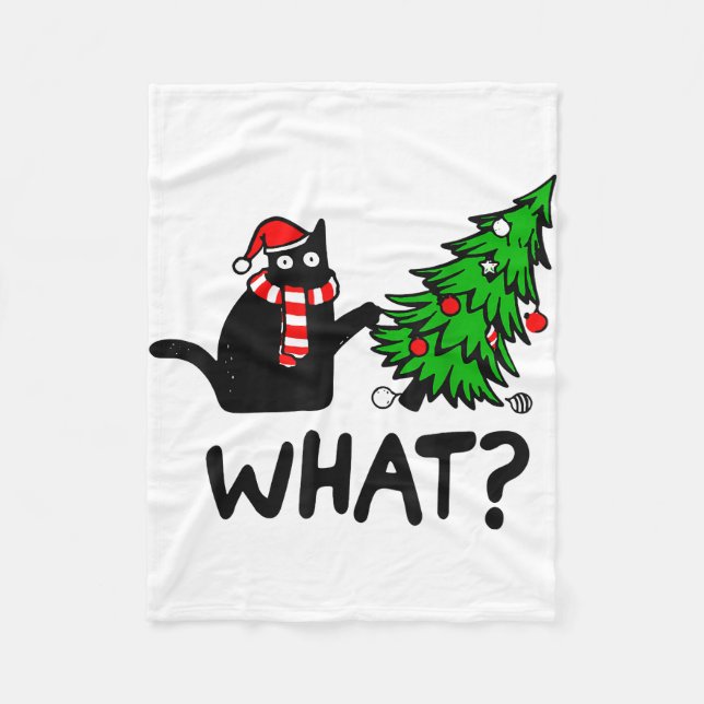 Funny Black Cat Gift Pushing Christmas Tree Over C Fleece Blanket (Front)